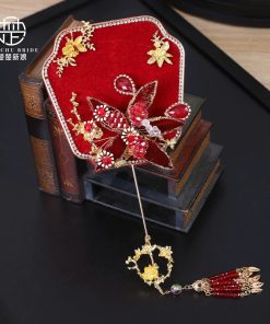 Quạt Cầm Tay Đỏ Đính Hoa Đá