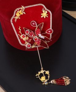 Quạt Cầm Tay Đỏ Đính Hoa Đá