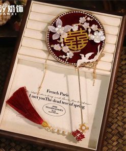 Quạt Cầm Tay Mini Đường Kính 10cm, Phụ Kiện Áo Dài, Phụ Kiện Cưới - Đỏ Đô Phượng Hoàng