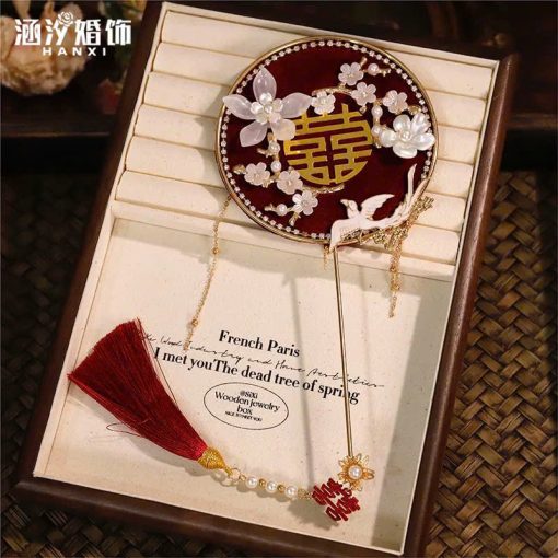 Quạt Cầm Tay Mini Đường Kính 10cm, Phụ Kiện Áo Dài, Phụ Kiện Cưới - Đỏ Đô Phượng Hoàng - Hình ảnh 3
