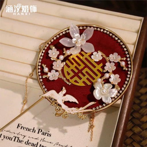 Quạt Cầm Tay Mini Đường Kính 10cm, Phụ Kiện Áo Dài, Phụ Kiện Cưới - Đỏ Đô Phượng Hoàng - Hình ảnh 4