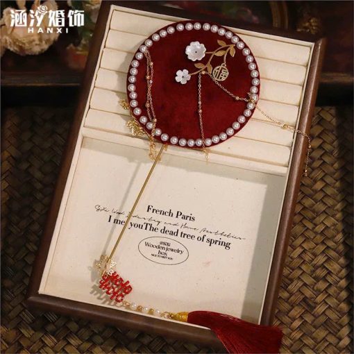 Quạt Cầm Tay Mini Đường Kính 10cm, Phụ Kiện Áo Dài, Phụ Kiện Cưới - Đỏ Đô Phượng Hoàng - Hình ảnh 5