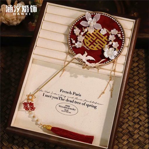 Quạt Cầm Tay Mini Đường Kính 10cm, Phụ Kiện Áo Dài, Phụ Kiện Cưới - Đỏ Đô Phượng Hoàng - Hình ảnh 2