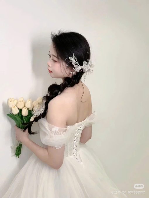 Set 3 Món Cài Hoa Ren Đính Kim Sa Pha Lê Mix Lông Vũ - - Hình ảnh 4