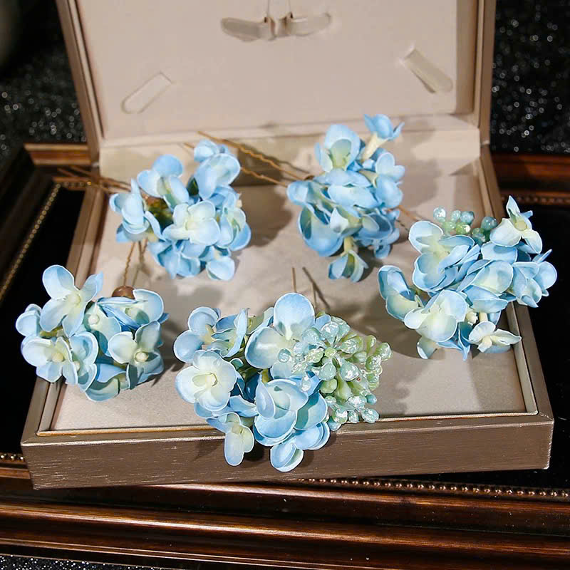 Set 5 Món Trâm Hoa Lụa - Xanh - Hình ảnh 3