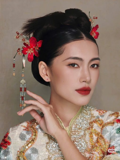 Set Trâm 3 Món Kèm Bông Tai, Trâm Cài Tóc Cô Dâu, Trâm Áo Dài, Phụ Kiện Cưới - Đỏ - Hình ảnh 13