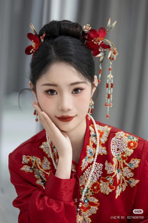 Set Trâm 3 Món Kèm Bông Tai, Trâm Cài Tóc Cô Dâu, Trâm Áo Dài, Phụ Kiện Cưới - Đỏ - Hình ảnh 4