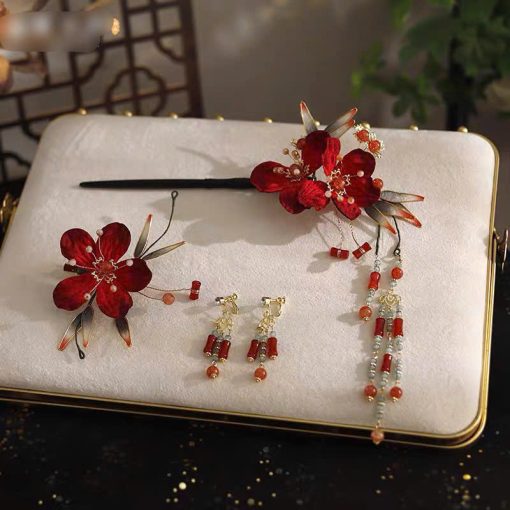 Set Trâm 3 Món Kèm Bông Tai, Trâm Cài Tóc Cô Dâu, Trâm Áo Dài, Phụ Kiện Cưới - Đỏ