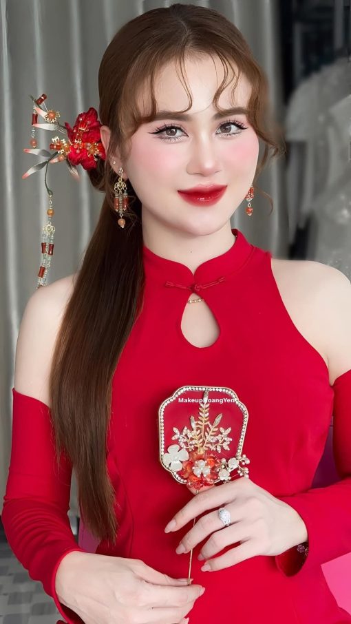 Set Trâm 3 Món Kèm Bông Tai, Trâm Cài Tóc Cô Dâu, Trâm Áo Dài, Phụ Kiện Cưới - Đỏ - Hình ảnh 9