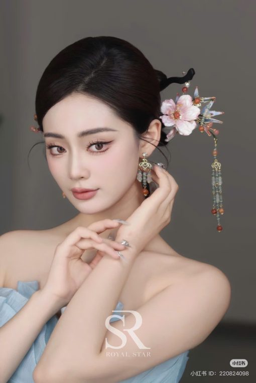 Set Trâm 3 Món Kèm Bông Tai, Trâm Cài Tóc Cô Dâu, Trâm Áo Dài, Phụ Kiện Cưới - Hồng - Hình ảnh 16
