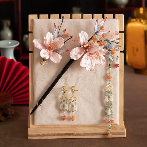 Set Trâm 3 Món Kèm Bông Tai, Trâm Cài Tóc Cô Dâu, Trâm Áo Dài, Phụ Kiện Cưới - Hồng