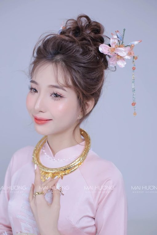 Set Trâm 3 Món Kèm Bông Tai, Trâm Cài Tóc Cô Dâu, Trâm Áo Dài, Phụ Kiện Cưới - Hồng - Hình ảnh 7