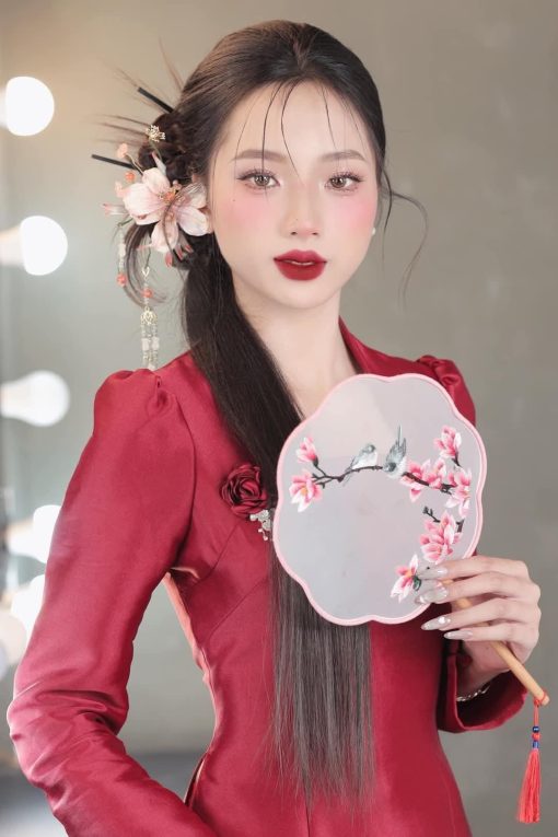 Set Trâm 3 Món Kèm Bông Tai, Trâm Cài Tóc Cô Dâu, Trâm Áo Dài, Phụ Kiện Cưới - Hồng - Hình ảnh 4