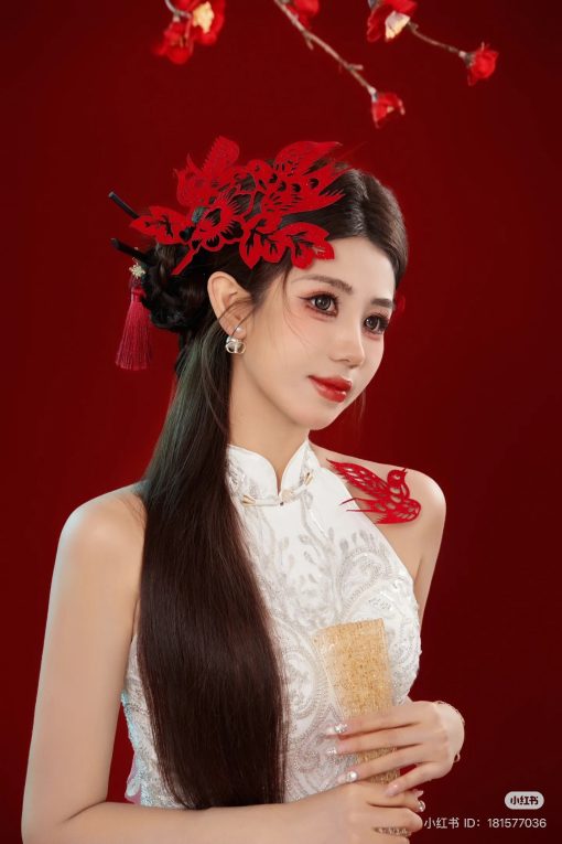 Set Trâm Chim Én Giấy Cắt Đỏ, Phụ Kiện Cô Dâu Màu Đỏ, Phụ Kiện Cưới - Không Bông Tai - Hình ảnh 6