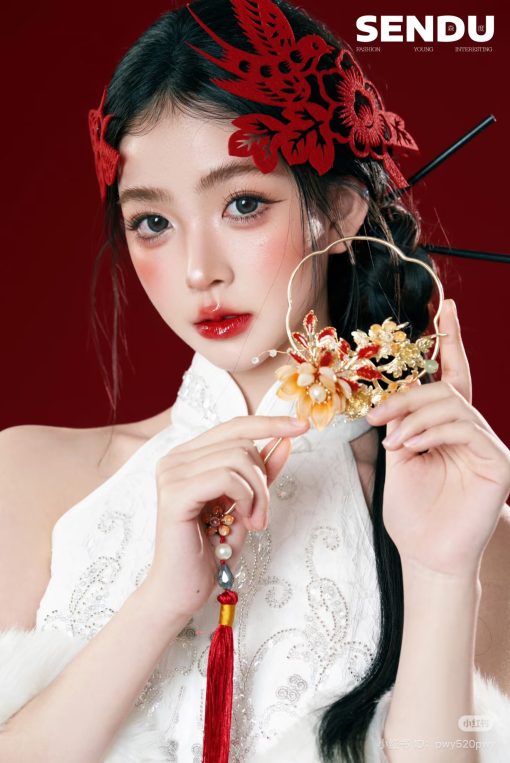 Set Trâm Chim Én Giấy Cắt Đỏ, Phụ Kiện Cô Dâu Màu Đỏ, Phụ Kiện Cưới - Không Bông Tai - Hình ảnh 9