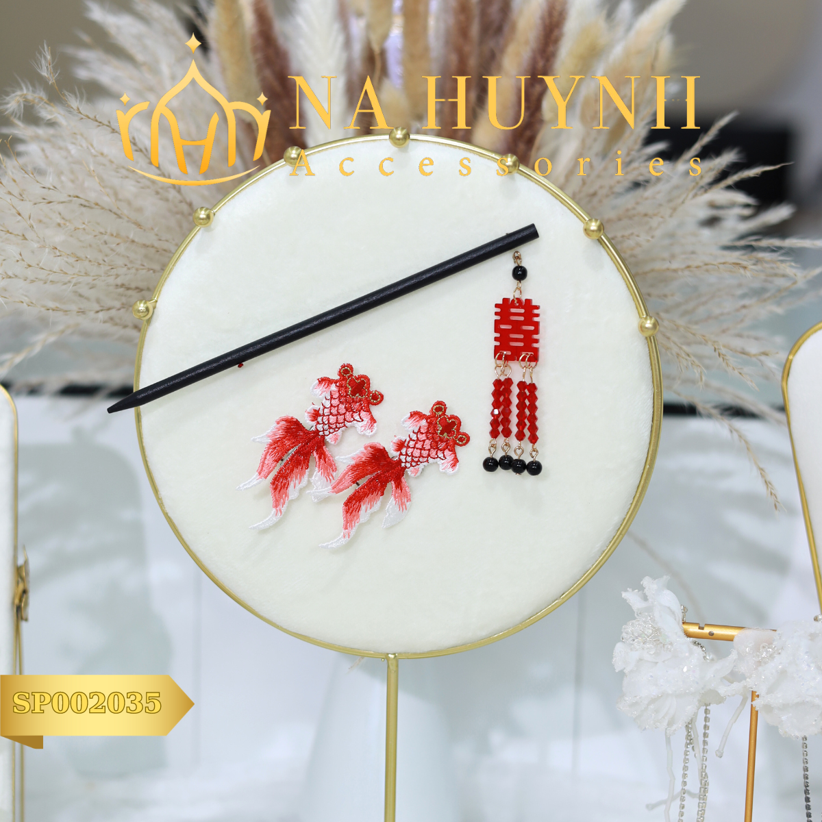 Set Trâm Chữ Hỷ Và 2 Kẹp Hình Con Cá, Trâm Cài Tóc Màu Đỏ, Phụ Kiện Cưới -