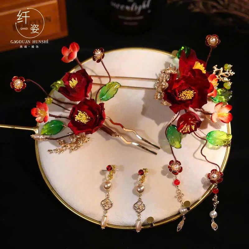 Set Trâm Hoa Đỏ Mix Lá Phale Kèm Bông Tai - - Hình ảnh 4