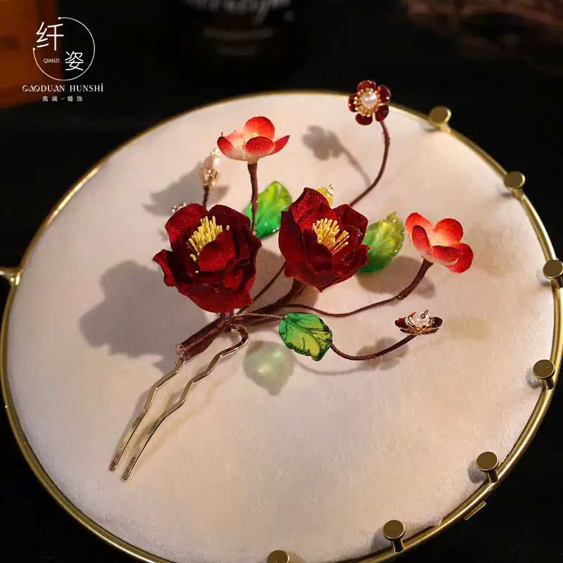 Set Trâm Hoa Đỏ Mix Lá Phale Kèm Bông Tai - - Hình ảnh 6