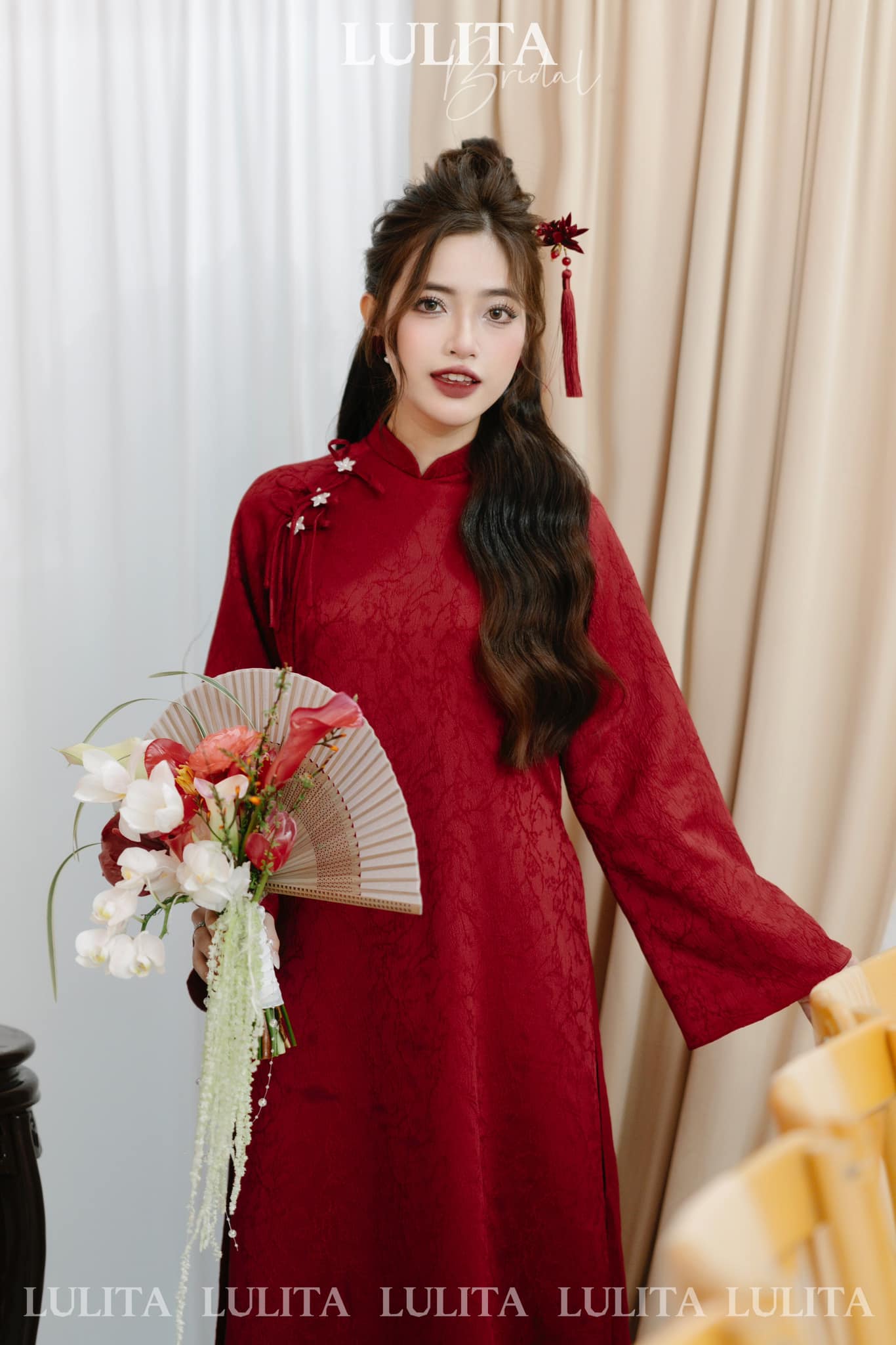 Trâm Hoa Nhung Đỏ Tua Rua, Trâm Cài Tóc Cô Dâu, Phụ Kiện Cài Tóc Cô Dâu Màu Đỏ, Phụ Kiện Cưới - - Hình ảnh 7