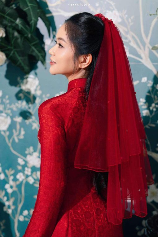 Voan Đỏ 2 Lớp Đính Họa Tiết - Đỏ Hồ Điệp Đính Hạt Trai - Hình ảnh 5