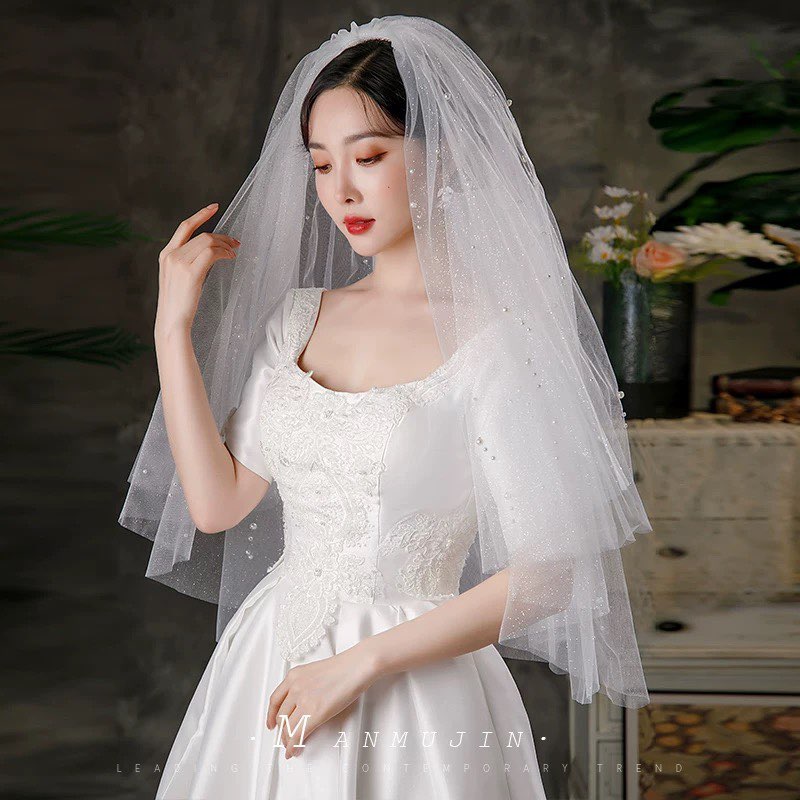 Voan Nhũ Phồng 2 Lớp Đính Cụm Ngọc Trai, Kích Thước 65cmx85cm, Voan Cài Tóc Cô Dâu Màu Trắng - - Hình ảnh 7