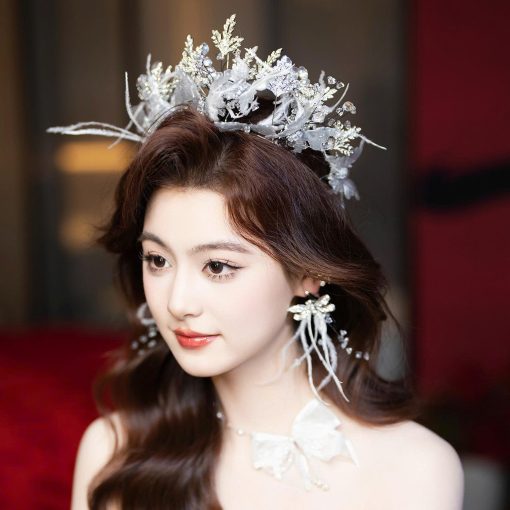 Vương Miện Hồ Điệp Trong Suốt Mix Đá Và Lông Vũ Kèm Bông Tai - Hình ảnh 5