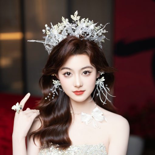 Vương Miện Hồ Điệp Trong Suốt Mix Đá Và Lông Vũ Kèm Bông Tai - Hình ảnh 2