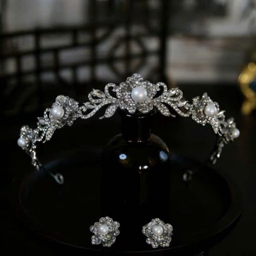 Vương Miện Hoa Đá 3cm Đính Ngọc Trai Kèm Bông Tai