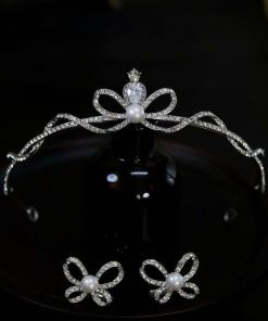 Vương Miện Nơ Thấp - Nơ Đính Đá Zircon Và Ngọc Trai Kèm Bông Tai