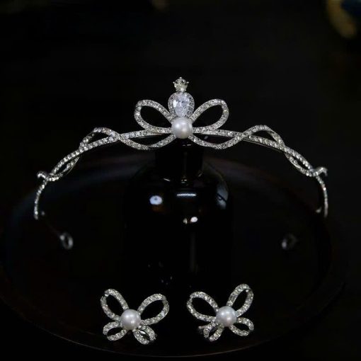 Vương Miện Nơ Thấp - Nơ Đính Đá Zircon Và Ngọc Trai Kèm Bông Tai