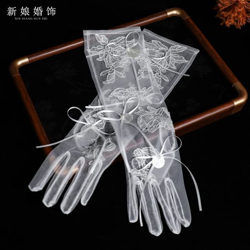 Găng Tay Voan Dài Đính Ren Nơ Xà Cừ