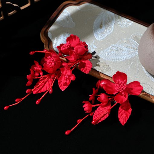 Set 2 Món Kẹp Hoa Hồng Nhỏ Phối Lá - Đỏ - Hình ảnh 3