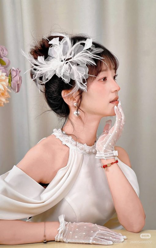 Set 2 Món Kẹp Hoa Voan Mix Lông Vũ Kèm Choker - Hình ảnh 5