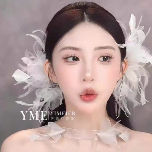 Set 2 Món Kẹp Hoa Voan Mix Lông Vũ Kèm Choker - Hình ảnh 2