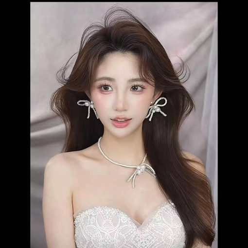 Set Choker Và Bông Tai Nơ Dây Đá Đính Ngọc Trai - Hình ảnh 3