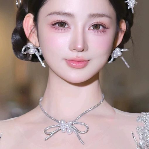 Set Choker Và Bông Tai Nơ Dây Đá Đính Ngọc Trai - Hình ảnh 5
