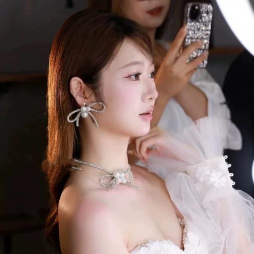 Set Choker Và Bông Tai Nơ Dây Đá Đính Ngọc Trai - Hình ảnh 2