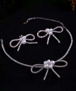 Set Choker Và Bông Tai Nơ Dây Đá Đính Ngọc Trai