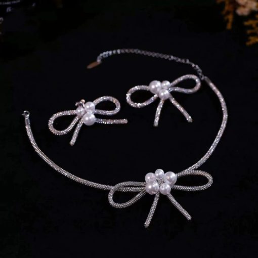Set Choker Và Bông Tai Nơ Dây Đá Đính Ngọc Trai