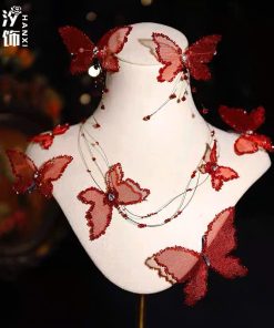 Set Kẹp Hồ Điệp Viền Đá Nhũ Kèm Choker Và Bông Tai - Đỏ