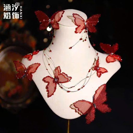 Set Kẹp Hồ Điệp Viền Đá Nhũ Kèm Choker Và Bông Tai - Đỏ
