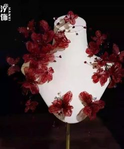 Set 2 Món Kẹp Hoa Voan Hồ Điệp Đính Phale Kèm Bông Tai - Đỏ