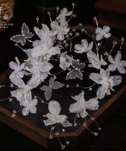 Set 2 Món Kẹp Hoa Voan Hồ Điệp Đính Phale Kèm Bông Tai - Trắng