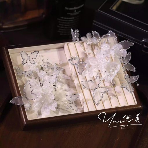 Set 2 Món Kẹp Hoa Voan Hồ Điệp Đính Phale Kèm Bông Tai - Trắng - Hình ảnh 2