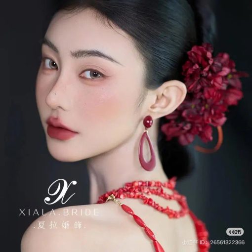 Set 3 Món Trâm Cài Hoa Giấy - Đỏ Kèm Bông Tai - Hình ảnh 2