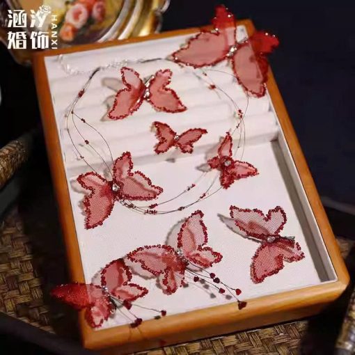 Set Kẹp Hồ Điệp Viền Đá Nhũ Kèm Choker Và Bông Tai - Đỏ - Hình ảnh 2