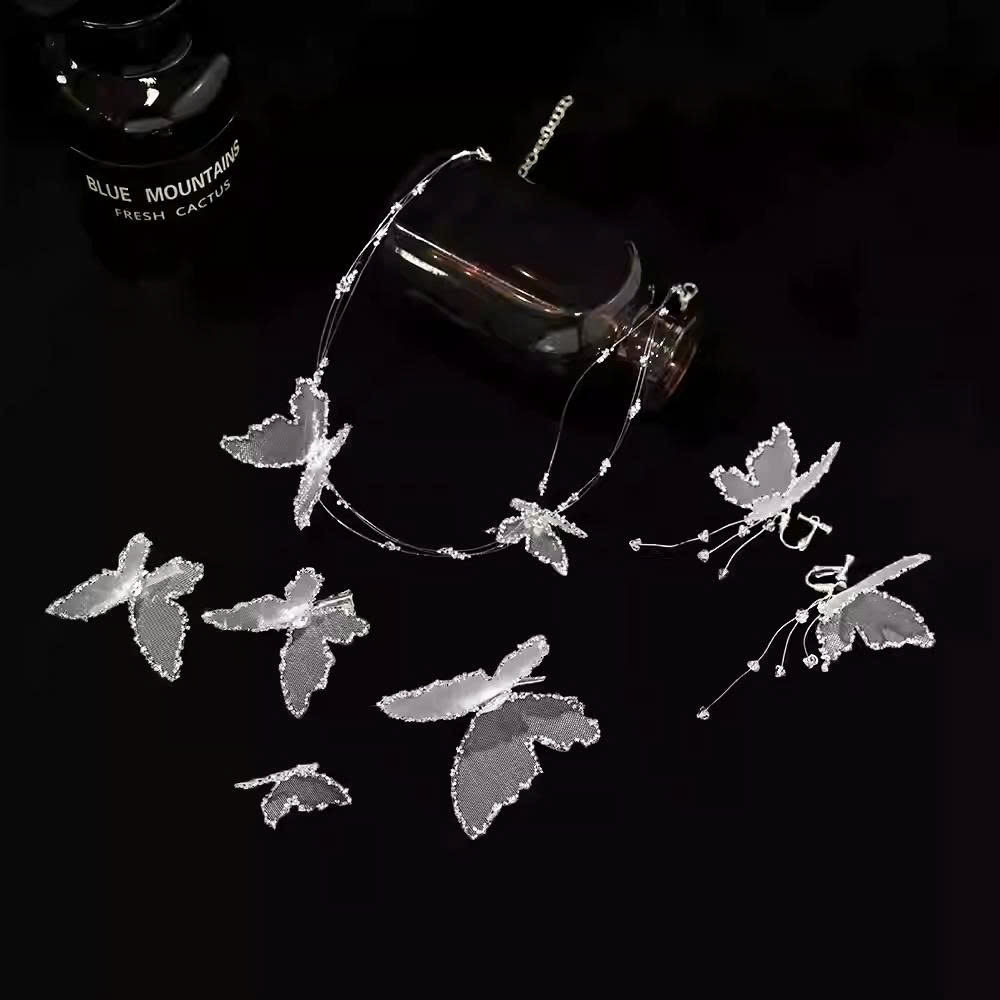 Set Kẹp Hồ Điệp Viền Đá Nhũ Kèm Choker Và Bông Tai - Trắng - Hình ảnh 4