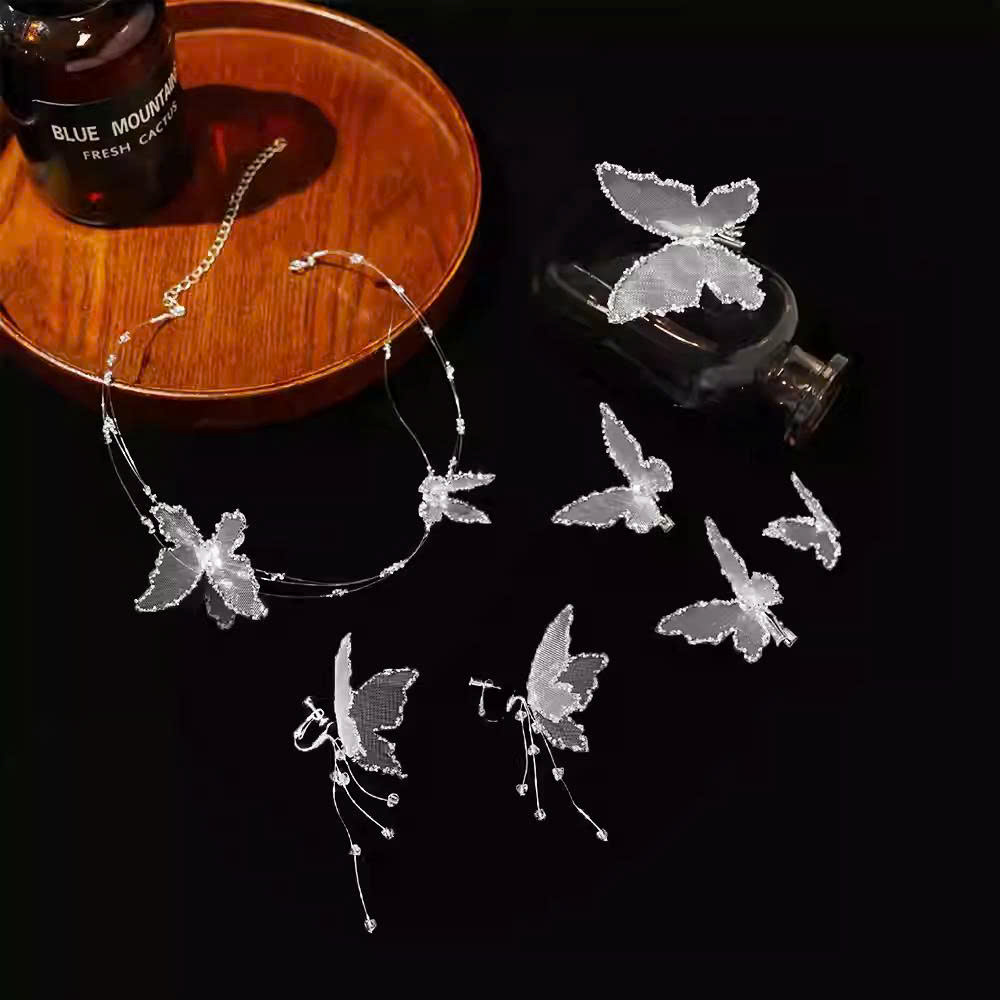 Set Kẹp Hồ Điệp Viền Đá Nhũ Kèm Choker Và Bông Tai - Trắng - Hình ảnh 5