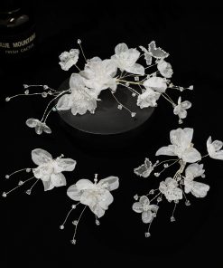 Set 2 Món Kẹp Hoa Voan Hồ Điệp Đính Phale Kèm Bông Tai - Trắng