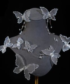 Set Kẹp Hồ Điệp Viền Đá Nhũ Kèm Choker Và Bông Tai - Trắng